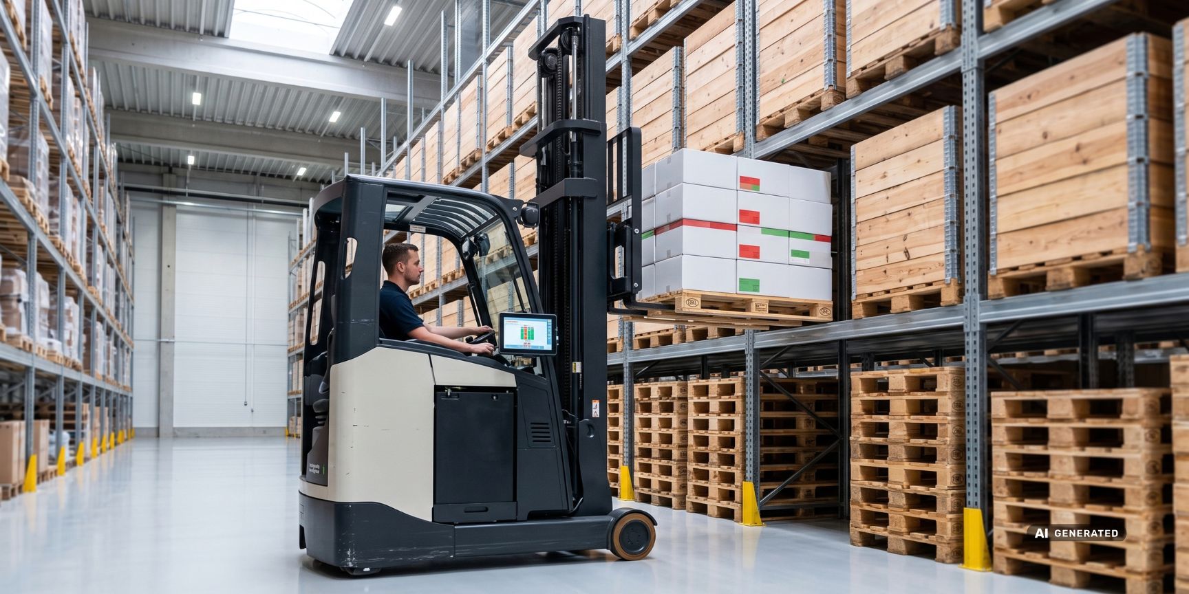 A forklift picks goods in a targeted manner in a German logistics hall. Visualizes the selective HIFO material flow in intralogistics.